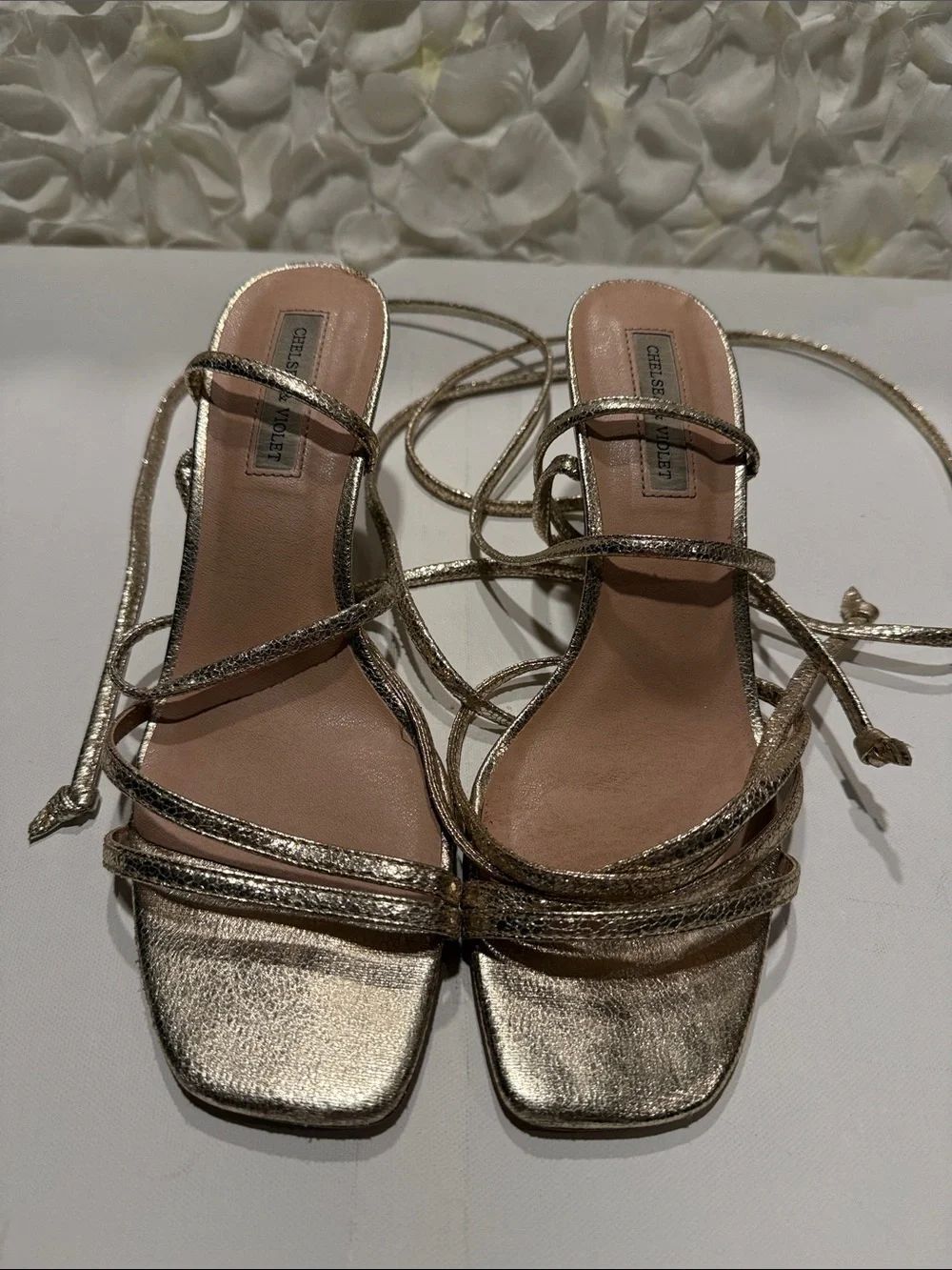 Chelsea & Violet Metallic Gold Lace-Up Strappy Heels